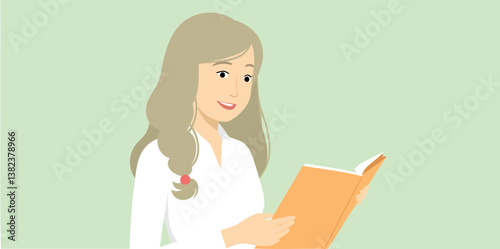 cheerful blonde woman attentively reading an book
