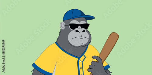cool gorilla cartoon character wearing sunglasses and a baseball cap holds a bat