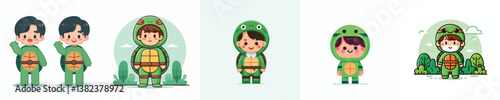 a set of vectors of boys wearing turtle costumes