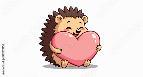 smiling hedgehog cheerfully embracing a large pink heart