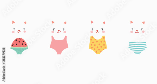 four adorable cat illustrations wearing various summer swimsuits