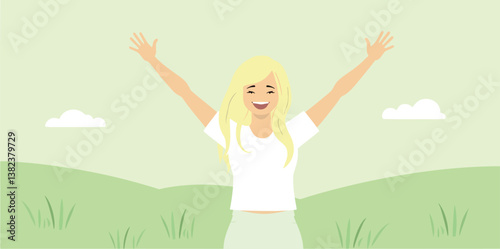 joyful blonde woman with arms outstretched in a serene green landscape