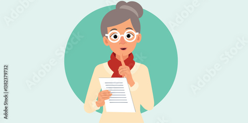 pensive senior woman reviews a document thoughtfully considering its contents.