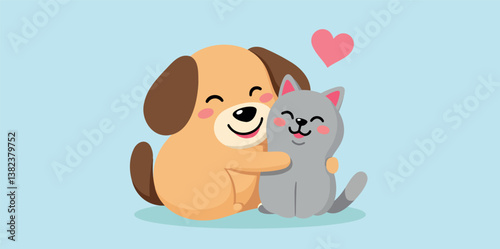 playful golden dog and sweet gray cat embracing in a tender hug