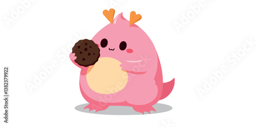 adorable pink creature holding a chocolate chip cookie