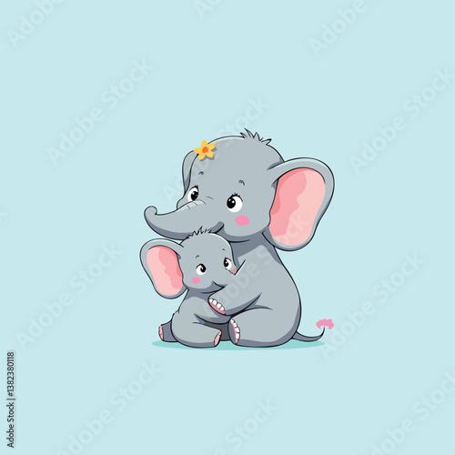 mother elephant tenderly embracing her baby elephant.
