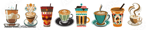 Set of different type of coffee cups in stylized Mid century modern color palette. vector art illustrations isolated on white background