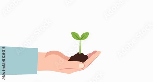 hand gently holding a small green sprout emerging from the soil