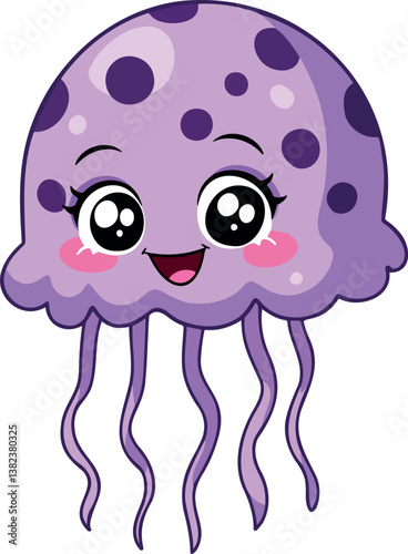 happy cartoon jellyfish with purple spots and a smiling face