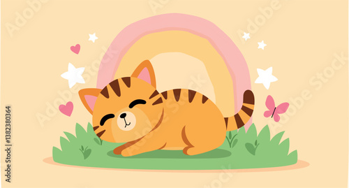 adorable tabby cat resting peacefully in grassy meadow