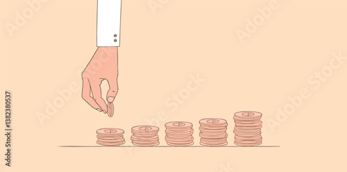 hand placing a coin onto a stack of coins symbolizing savings and financial growth.