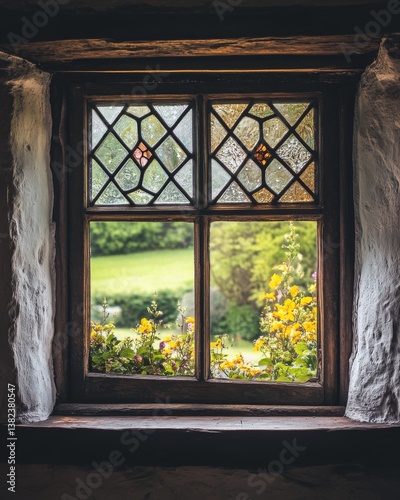 A quaint window framed by nature. This charming view features colorful flowers. A picturesque scene that invites tranquility and reflection. Generative AI