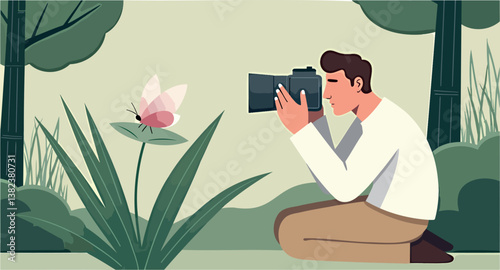 male kneeling in a captures a close-up shot of a pink insect on a vibrant green plant.