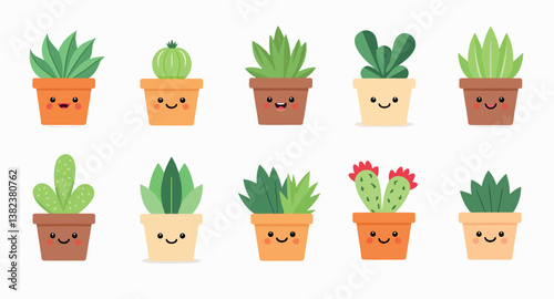 ten cheerful potted succulents and cacti with happy faces