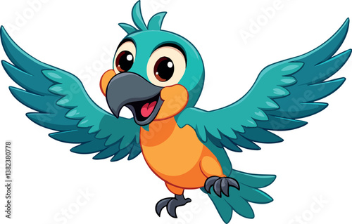 cheerful cartoon parrot with teal wings in flight