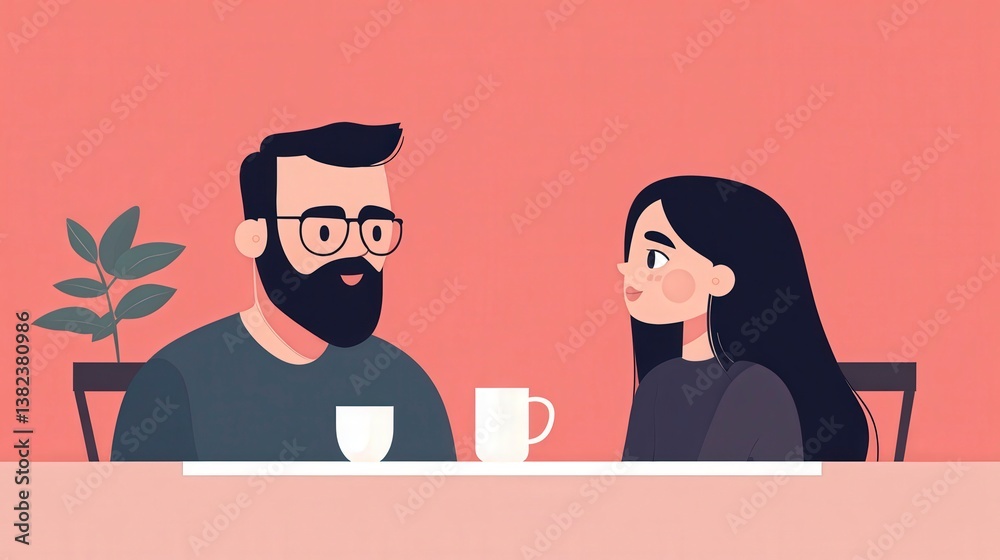 Fototapeta premium Father and Grown Daughter Enjoying Coffee Together in A Cozy, Colorful Environment