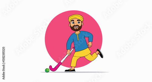 joyful man in a yellow turban dynamically playing field hockey