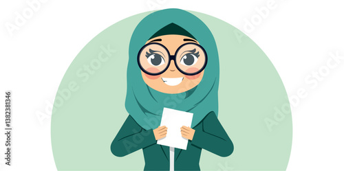 smiling woman in teal hijab holding a blank paper