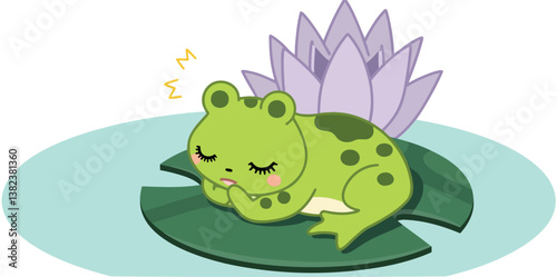 cute green frog sleeping peacefully on a lily pad