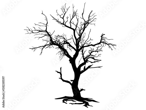 Black Branch Tree or Naked trees and roots silhouettes. Hand drawn isolated illustrations.