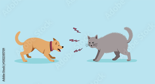 playful standoff between a light brown dog and a gray cat
