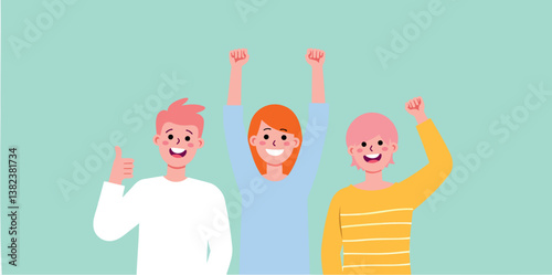 three smiling friends celebrating success with raised arms and positive gestures