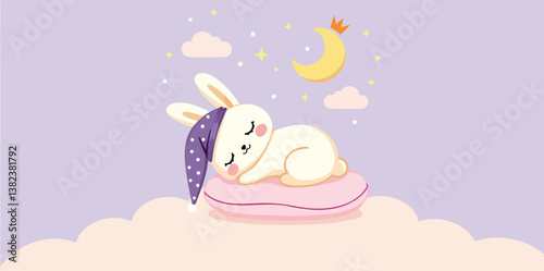 adorable bunny sleeping on a cloud under a night sky