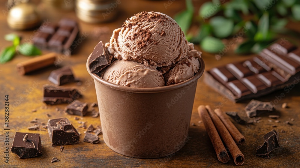 Delicious chocolate ice cream in a brown cup, surrounded by chocolate pieces and cinnamon sticks