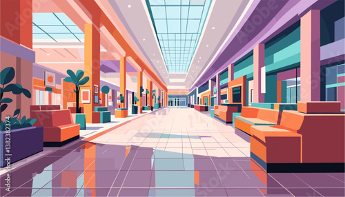 Large modern empty shopping mall interior with a lot of boutiques, stores. Vector colorful illustration in pastel pink and blue color palette