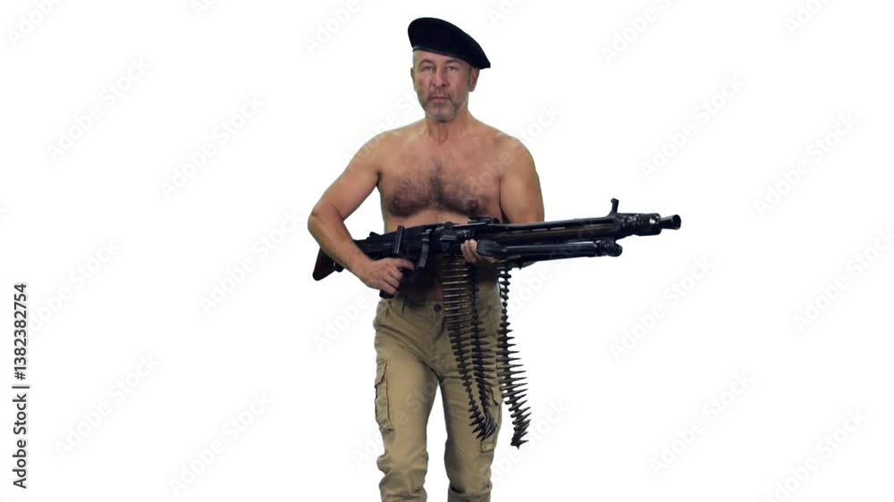 Cinematic style of shirtless mercenary running with machine gun, Slow motion, Full HD footage with alpha transparency channel isolated on white background