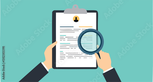 hands using magnifying glass to review document on clipboard