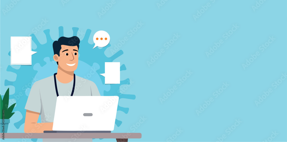 smiling man using laptop communicating positive smiling man using laptop communicating positive