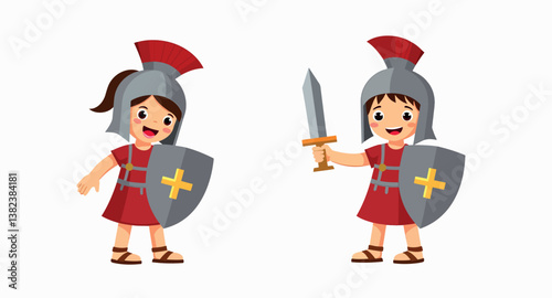 two smiling children dressed in roman centurion costumes