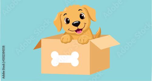 cheerful golden retriever puppy sits inside a cardboard box