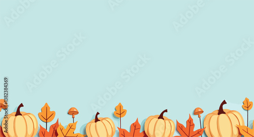 three pumpkins with autumn leaves and mushrooms on a pale-blue background