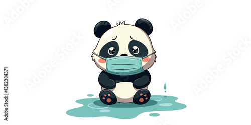 small panda wearing a face mask sits sadly in a puddle