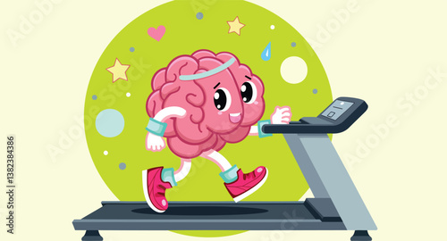 pink brain character joyfully jogs on a treadmill