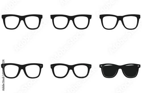 Retro Eyeglasses Collection, Stylish Nerd Frames, Six Black Eye Glasses on White