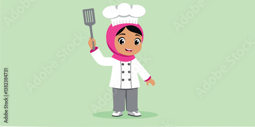 smiling young chef in a white uniform and pink hijab holds a spatula conveying joy and culinary passion.