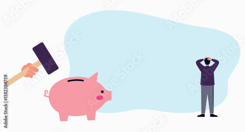 hand about to break a piggy bank with a mallet while a person looks on in despair