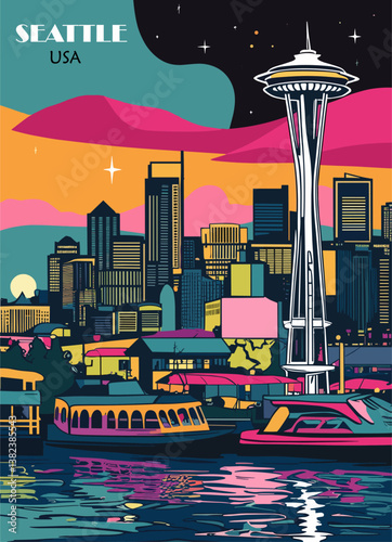 Seattle, USA travel destination poster in retro style. Colorful flat vector illustration