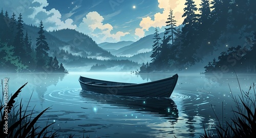 Misty lake with a half submerged boat and glowing eyes rising from the water anime cartoon style illustration artwork design background