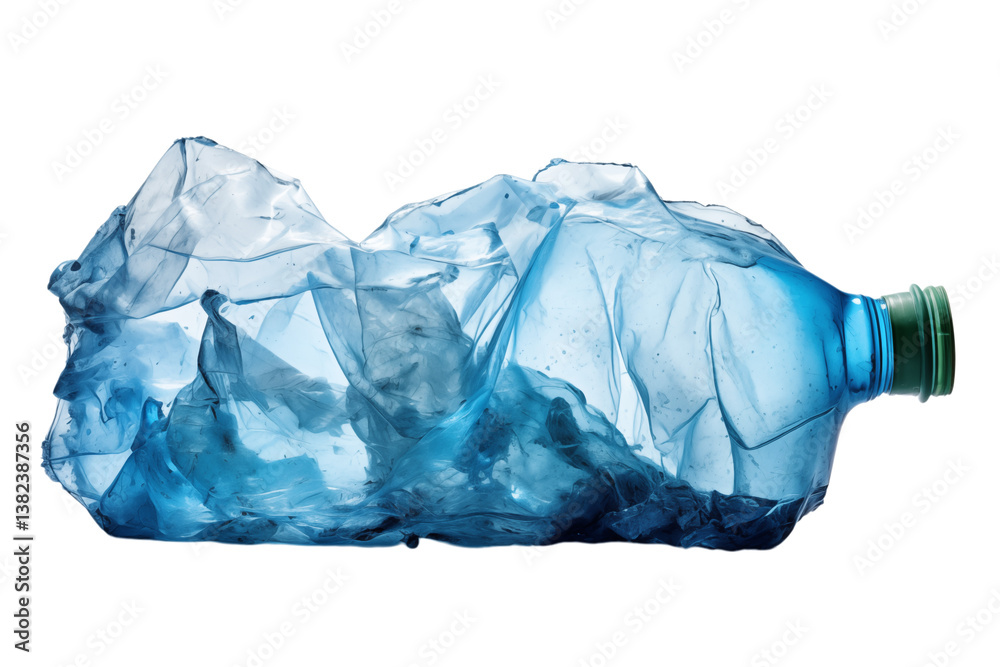 Fototapeta premium A crushed blue plastic bottle with a green cap on a in a studio shot on transparent background png