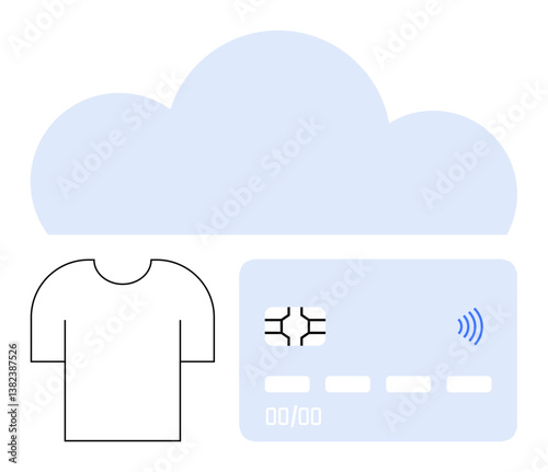 T-shirt icon, cloud shape, and contactless payment card. Ideal for online shopping, cloud services, e-commerce, payment solutions, digital transactions, financial tools abstract line flat metaphor