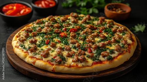 Obraz na płótnie Delicious loaded pizza with savory toppings w salonie