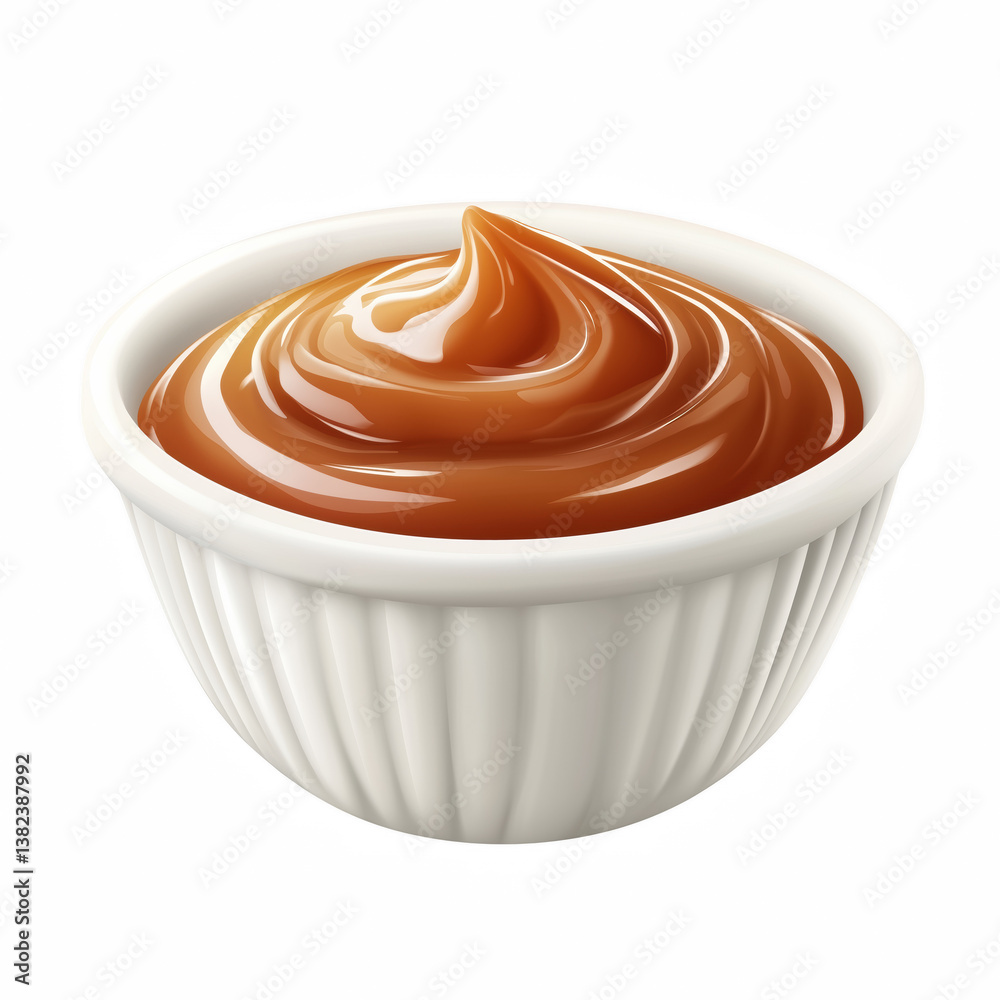 Realistic small white ceramic bowl filled with rich caramel sauce in high detail illustration, isolated on transparent background. Realistic small white ceramic bowl filled with rich caramel sauce in high detail illustration, isolated on transparent background.