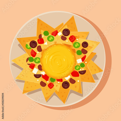 Top view of nachos with melted cheese dip on a plate isolated on a peach background. Spicy Mexican street food made with tortilla chips on a kitchen table at a pub, bar or restaurant from above