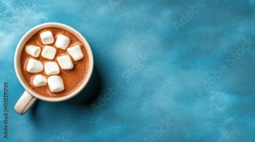 Warm Hot Chocolate with Marshmallows in Beige Mug on Blue Glitter Background