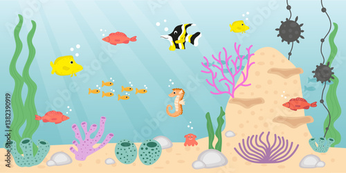 Underwater sea life. Ocean, wild sea animals, fishes and plants. Cartoon natural underwater world with cute exotic fishes, water corals, ocean plants and colorful algae. Vector illustration