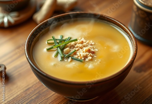 A steaming hot Miso Soup in a traditional Japanese ceramic bowl